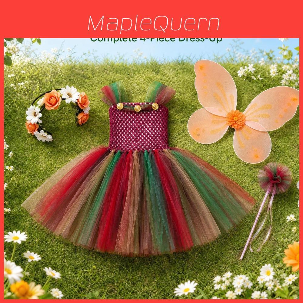 Forest Fairy Girl Costume Dress With Tulle Skirt Butterfly Wings Magic Wand For Toddler Girls