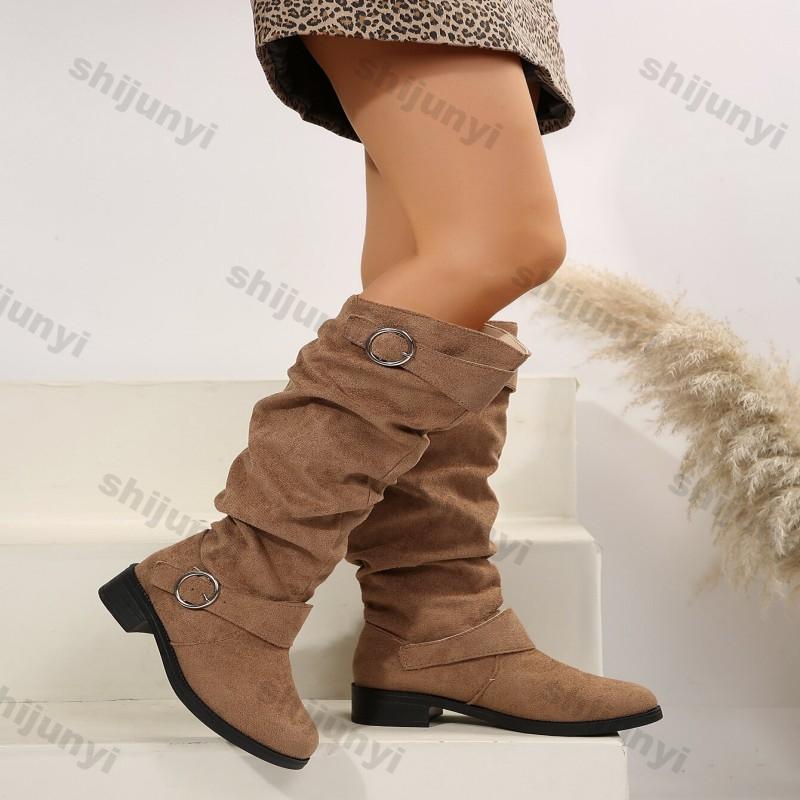 Fashion Women's Chunky Heeled Long Pleated Boots Comfortable Slip On Boots Woman Autumn Winter Thick Heel Belt Buckle Knee High Booties