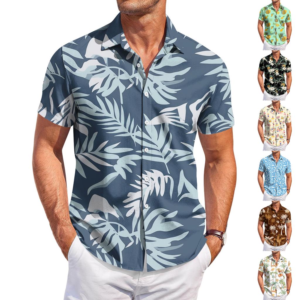 Men's Casual Short Sleeve Button Down Shirt Loose Fit Printed Tropical Palm Tree Pattern Lightweight Summer Beach Shirt