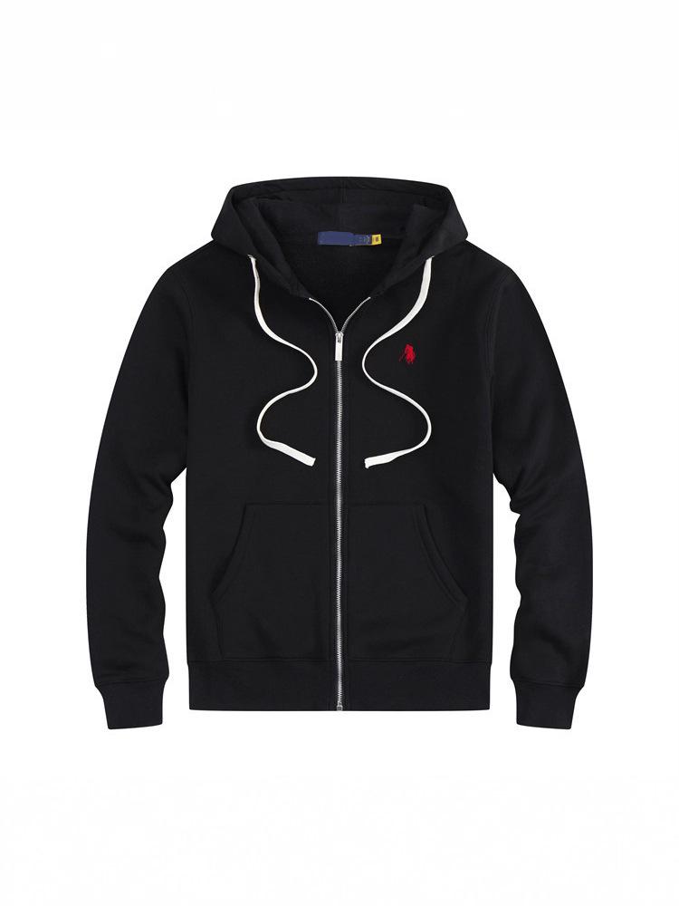 Men's Fleece-Lined Little Pony Embroidered Hoodie - Autumn/Winter, Loose Fit, Plus Size, Solid Color, Polo Style