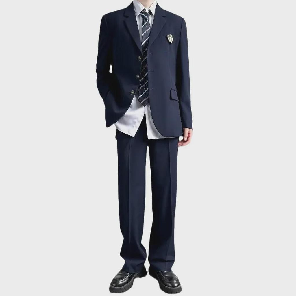 Unisex College Style Single-Breasted Black Jacket with Badge for Spring/Autumn