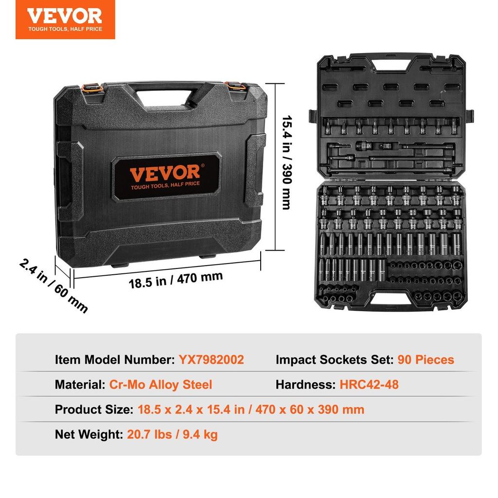 3/8" Drive Impact Socket Set, 90 Piece Socket Set SAE 1/4"-3/4" and Metric 6-19mm, 6 Point Cr-Mo Alloy Steel for Auto Repair, Includes Extension Bars
