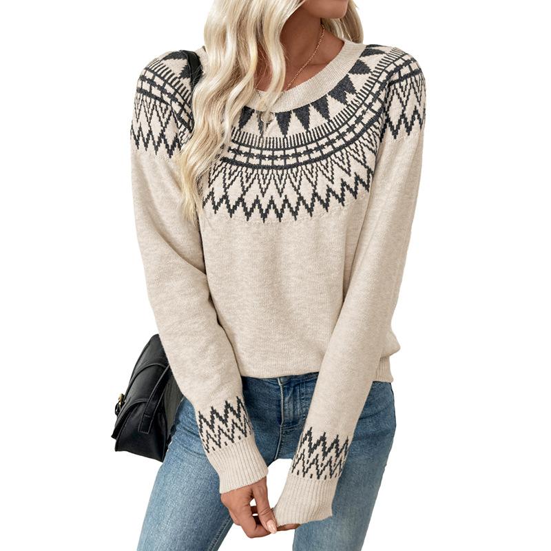 2025 Autumn and Winter New Casual Retro Ethnic Style Loose Round Neck Fair Isle Sweater