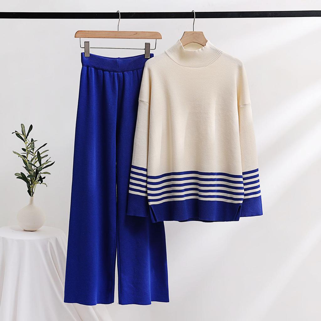 Autumn and Winter Knitted Wide-leg Pants Sweater Set Pullover Elastic Contrast Color Casual Loose Two-piece Women's Clothing