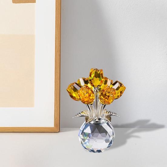 Faux Crystal Rose Flower Ornament Handmade Bouquet Figurine Mini Flower Vase Decoration Wife Girlfriend Women Wedding Anniversary Birthday Gift