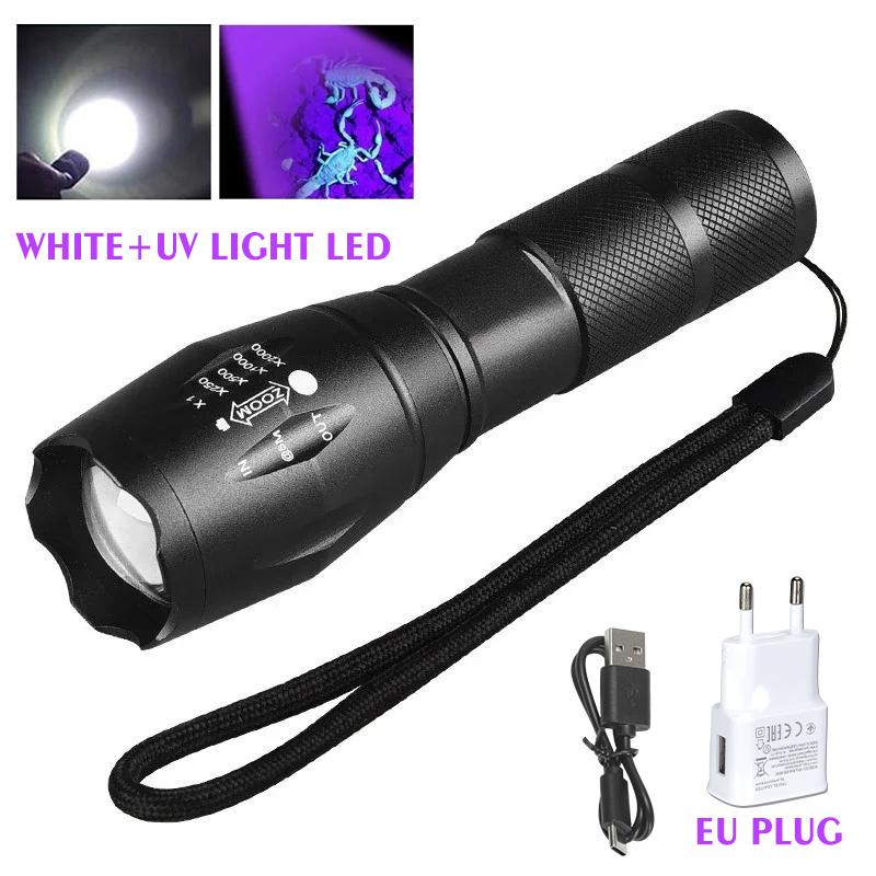 Rechargeable UV Flashlight Dual Light 395nm Ultraviolet WhiteTorch Zoom Torches Detection Lighting Lamp for Pet Stains Hunting