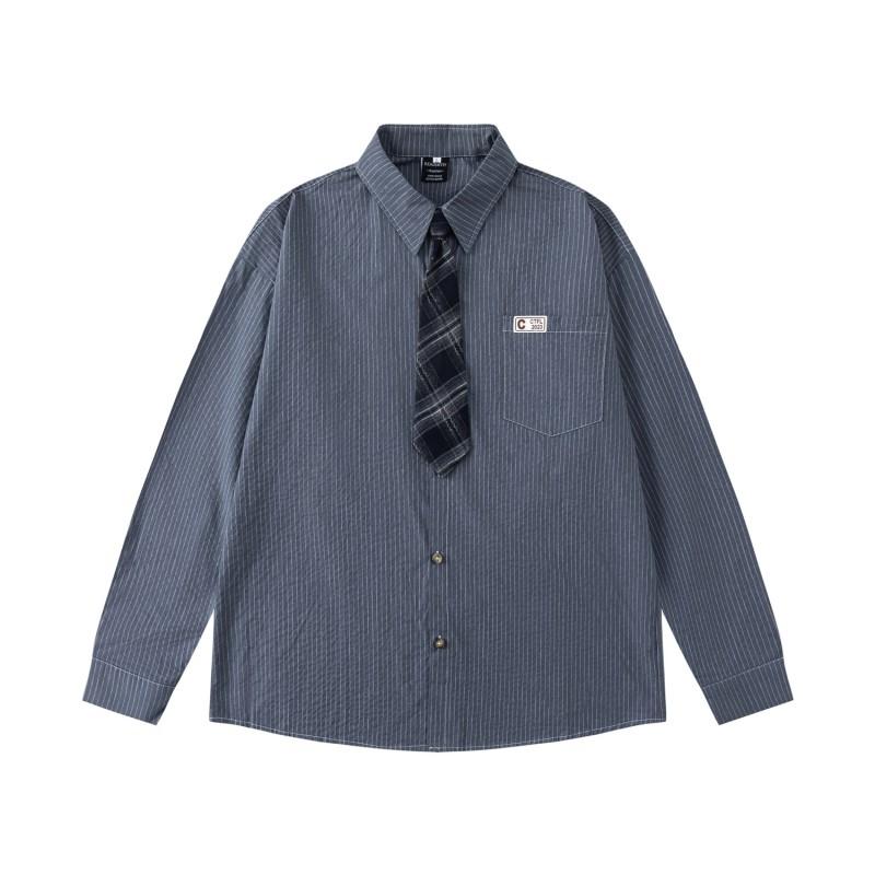 American Vintage Striped Long Sleeve Shirt Unisex Loose Casual Button Up With Pocket