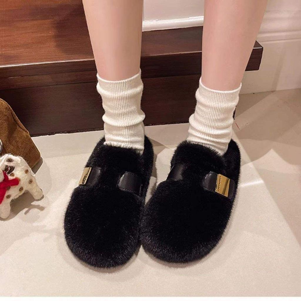 Flat-bottomed bag head fluffy slippers for women's outer wear 2025 new autumn and winter feeling one pedal rabbit fur plush cotton slippers