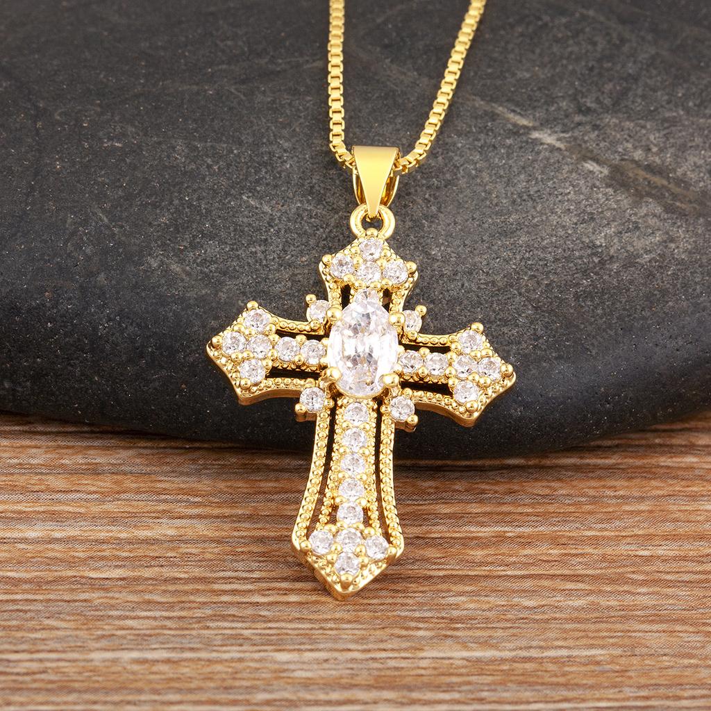 Nidin New Fashion Double Layer Jesus Cross Pendant Necklace 6 Colors For Women Men Shine Zircon Chain Link Jewelry Accessories