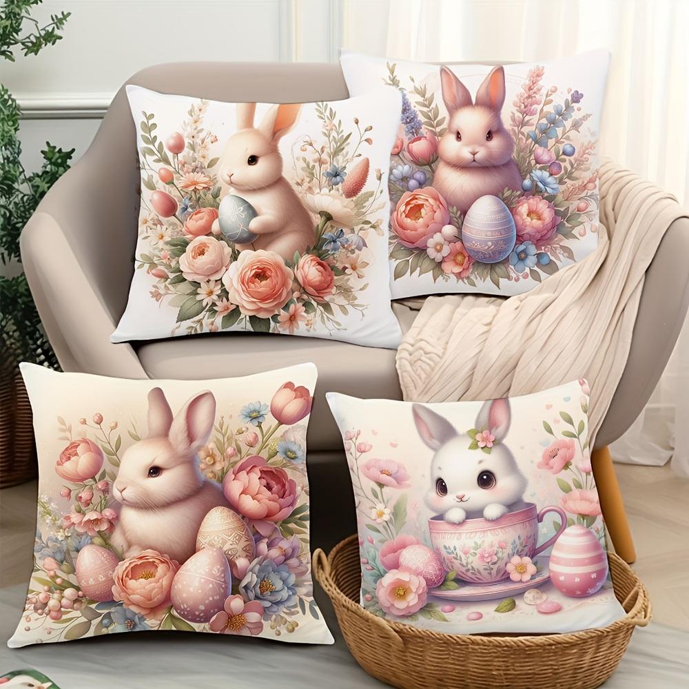 Easter Floral Bunny Print Pillowcase Nordic Home Decor Pillowcase Holiday Bedroom Living Room Decoration Polyester Cushion Cover