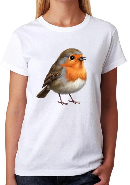 Cute Robin Bird Realistic Wildlife Art Ladies T-Shirt Nature Lover Tee XXXL
