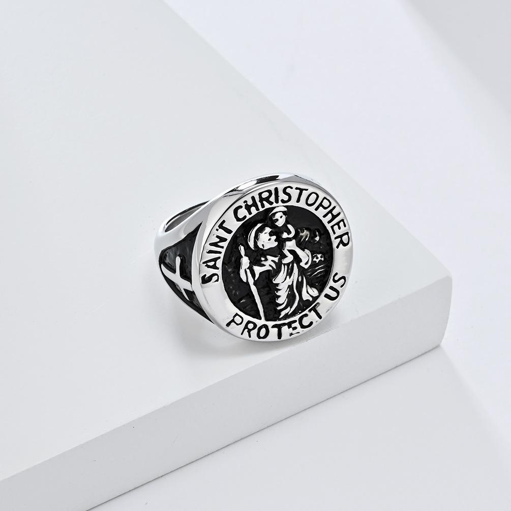 New Vintage Guardian St. Christopher Titanium Steel Ring for Men Personalized Hip Hop Stainless Steel Jewelry Teenage Boys Faith Finger Ring