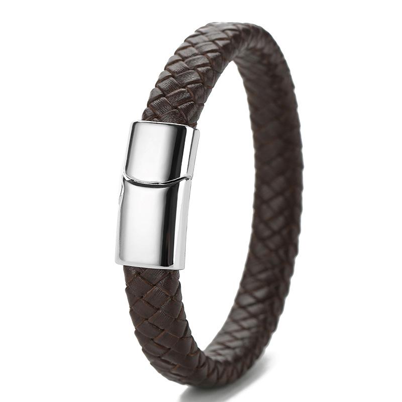 Retro Genuine Leather Men's Woven Cord Bracelet with Magnetic Buckle