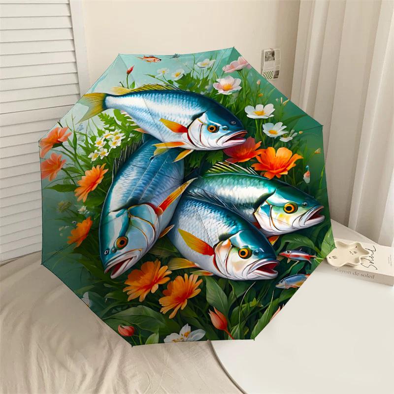 

1PC fishes flowers Automatic Open/Close Umbrella with Windproof, 8-Rib Sturdy Canopy, Durable Ribs, Fashionable Design, Outdoor Accessory, Fun Prin, H