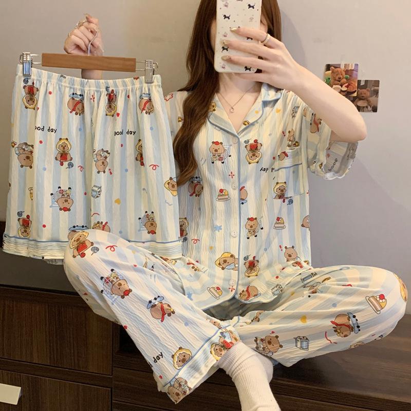 

Капибара Kapibara Пижама Женская Летняя Мятая Ткань Короткий Рукав Тонкий Повседневный Домашний Костюм Набор из Трех Предметов M