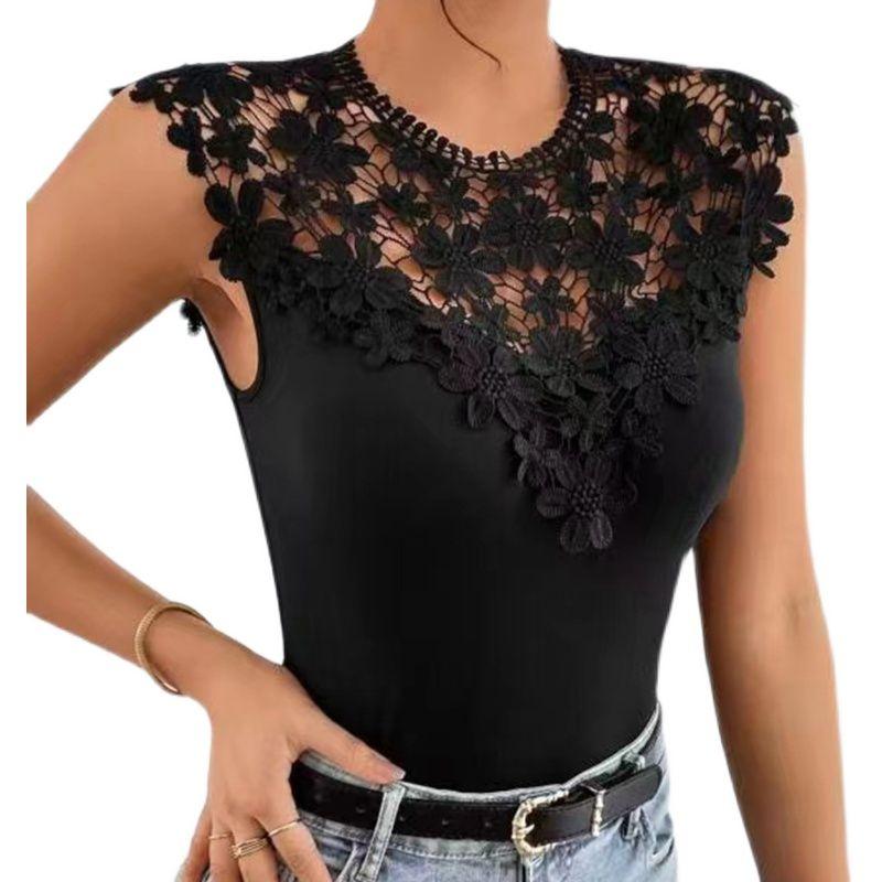 Summer New Arrival Women's Clothing Fashion Style Sleeveless Tops Sexy Silm Stretch Lace Patchwork T-shirt Black Slimming Thin