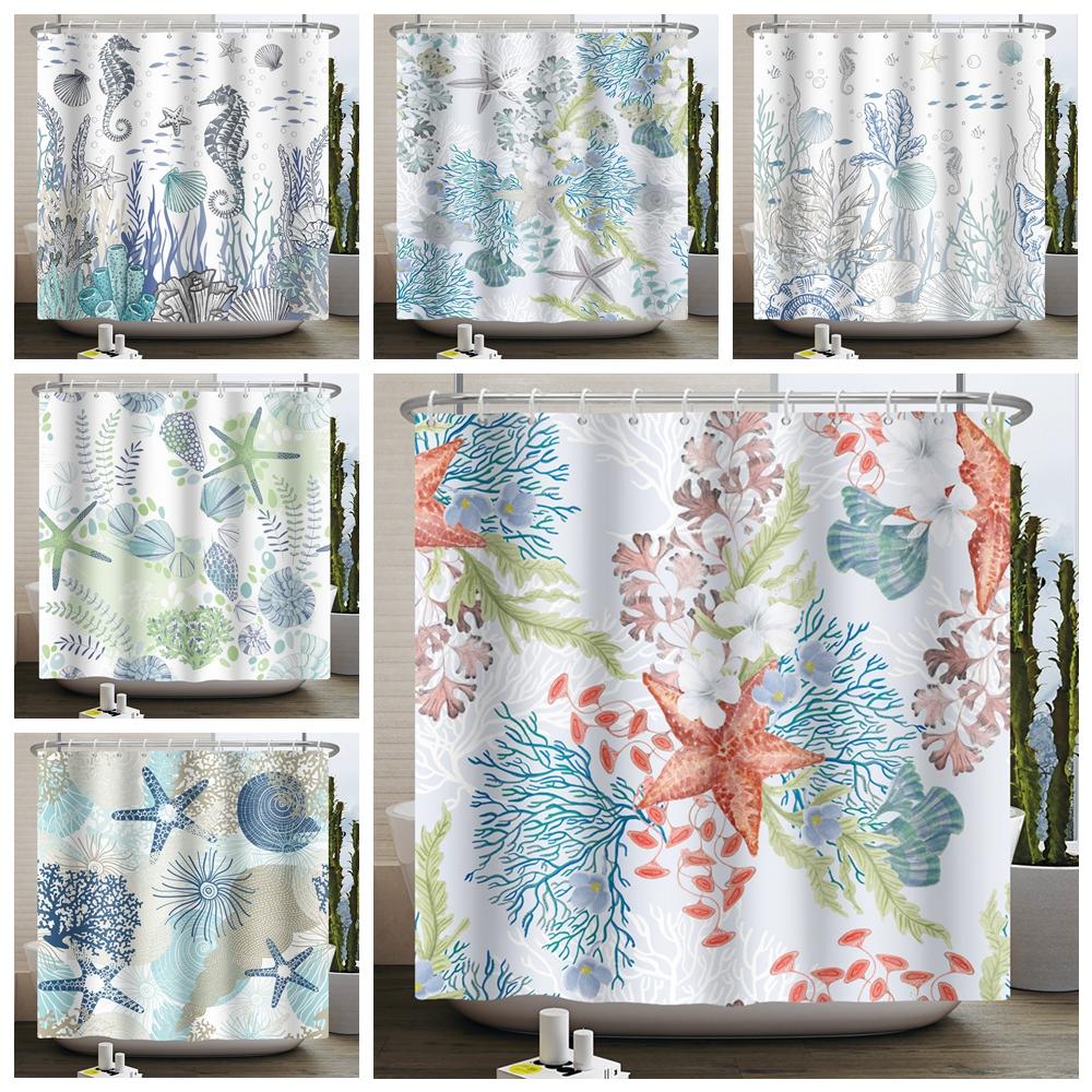 Monika Chen Coral Nautical Coastal Shower Curtain Starfish Seashell Beach Ocean Bathroom Curtain Underwater Marine Waterproof Bath Curtain