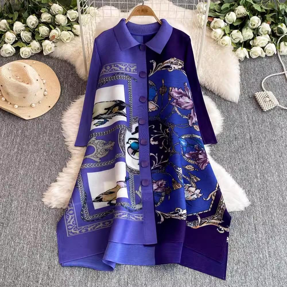 Autumn Fashion Miyake Draped Shirt Dresses Women Colorblock Single Breasted Loose Oversized Folds Pleated Party Vestidos
