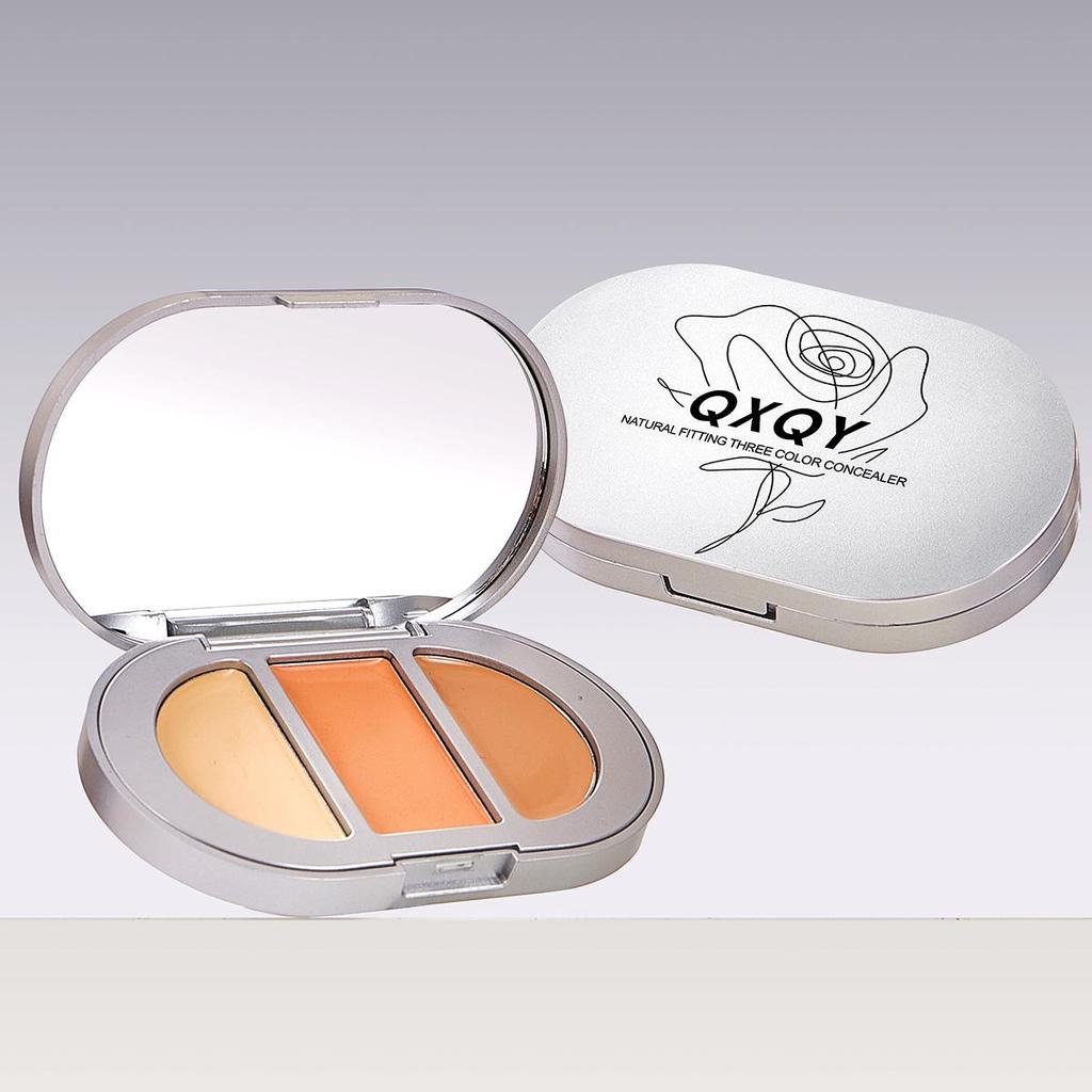 QXQY Natural Fit Tri-Color Concealer Stereoscopic Concealer Dark Circles Brighten Tear Troughs Salmon Color
