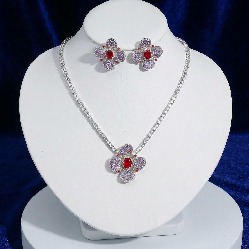 European Style Zircon Four-Leaf Petal Necklace & Earrings Set