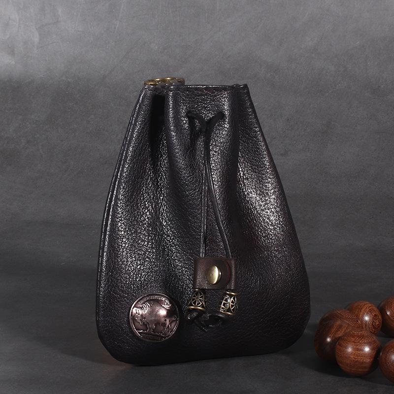 Vintage Cowhide Coin & Key Pouch - Waist Bag with Drawstring Storage