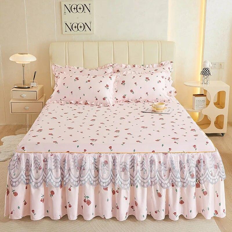 3pcs Set Skin-friendly Lace Bedspread Princess Double Layer Lace Bed Sheet Anti-slip Bed Cover with 2pcs Pillowcase