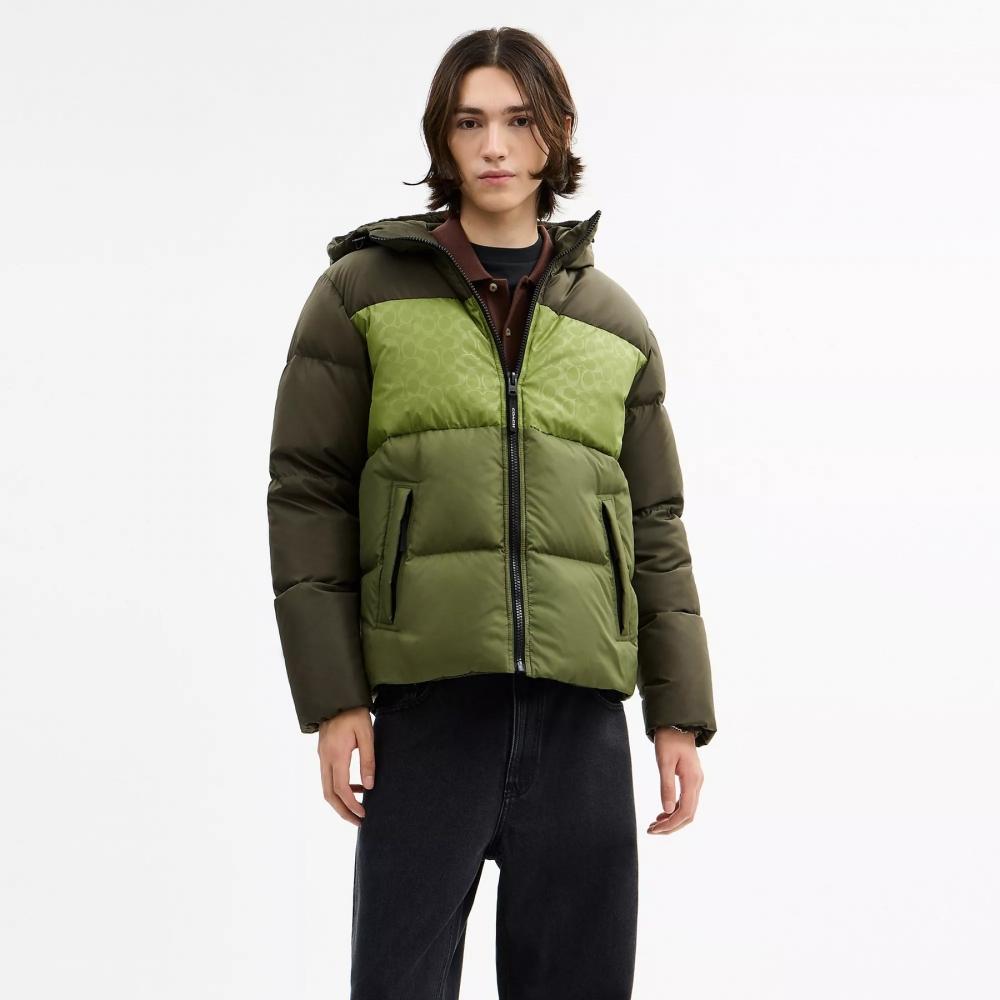 Coach Colorblock Down Jacket Green Multi
