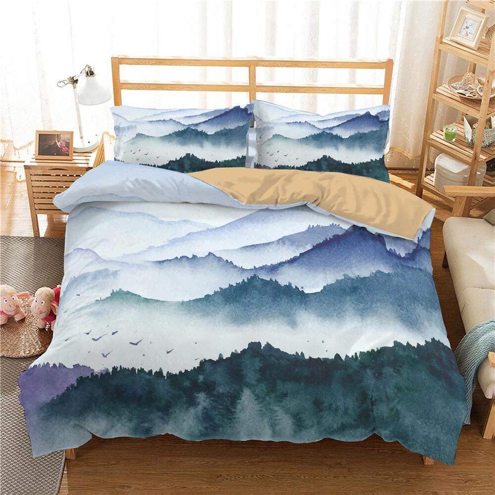 

Watercolor Mountain Duvet Cover, Zen Bedding Set, Misty Forest Bed Cover for Minimalist Home Decor, Ideal Gift for Twin/Queen/King Size Beds UK Single 135x200cm