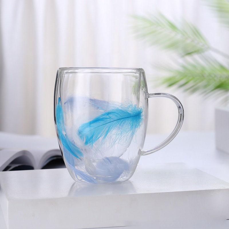 250/350ml Creative Feather Double Wall Glass Cup With Handle Espresso Cups Milk Latte Cappuccino Tea Water Couple Mug Gift