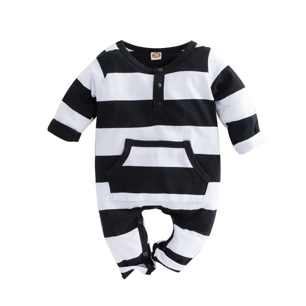 Infant Newborn Baby Boys Girls Striped Pocket Romper Jumpsuit Casual Clothes