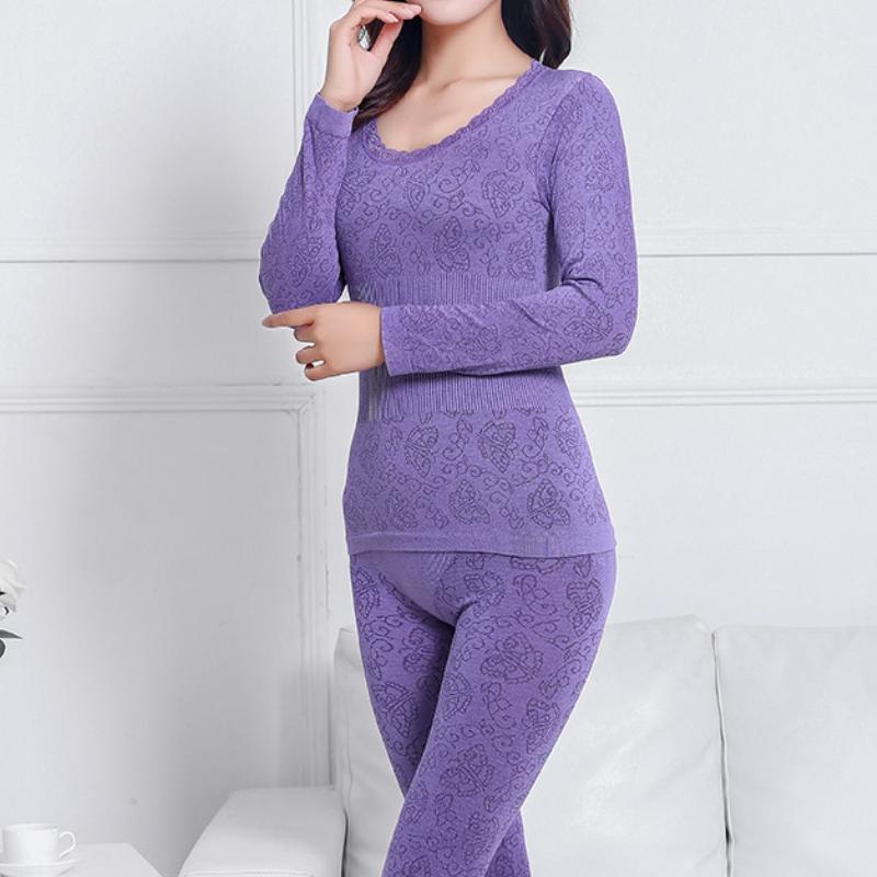 

2 шт. Жіночий зимовий топ з круглим вирізом, довгі штани Термобілизна Shaper Sleepwear Set one size світло-фіолетового кольору