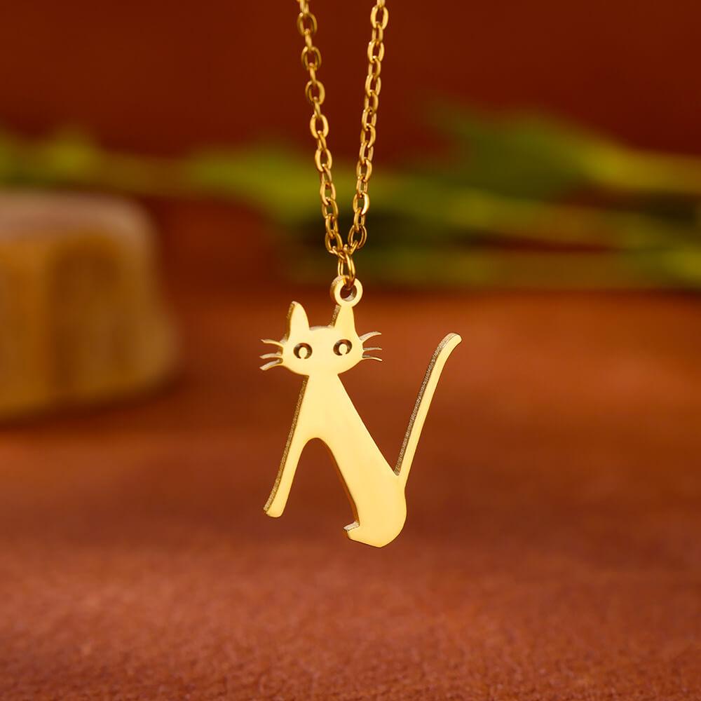 Stainless Steel Initial Letter Cat Pendant Necklace for Women Gold Color Animal Alphabet Necklaces Charm Fashion Jewelry Gifts