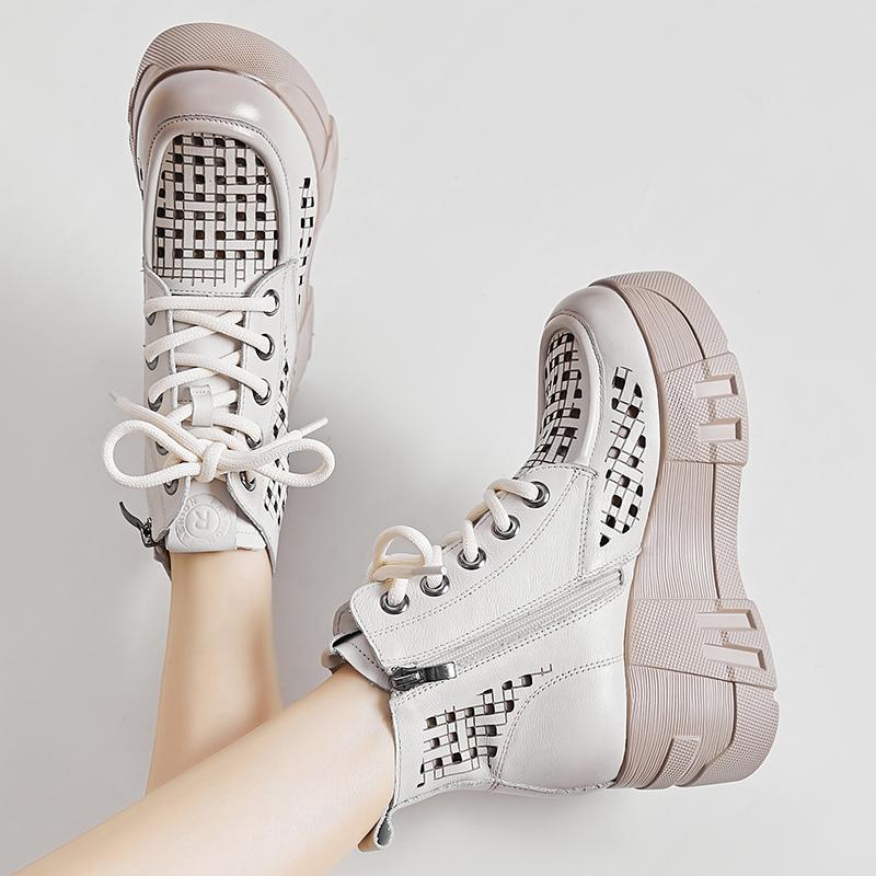 Fashion GKTINOO 2025 New Design Summer Women Boots Genuine Cow Leather Hollow Out Height Increasing 7cm Wedges Heel Platform Ankle Boots