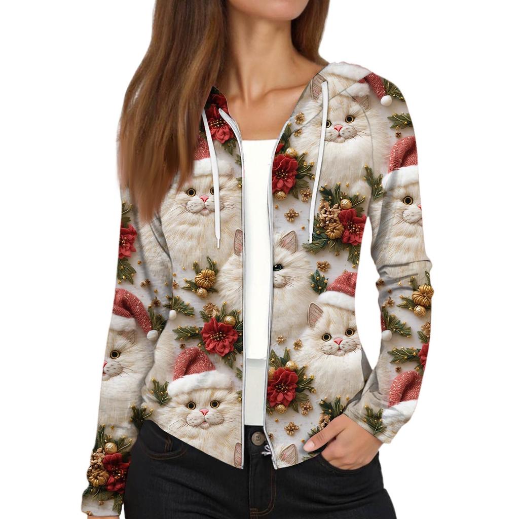 Women's Fashion Christmas Print Casual Zip-Up Long-Sleeved Hooded Jacket
