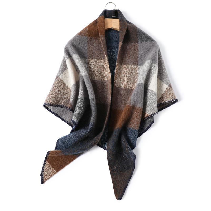 

Ins Stylish Plaid Colored Triangle Scarf Ladies Nordic Style Chic Women Warm Mohair Tassel Muffler Neck Triangle Winter Female