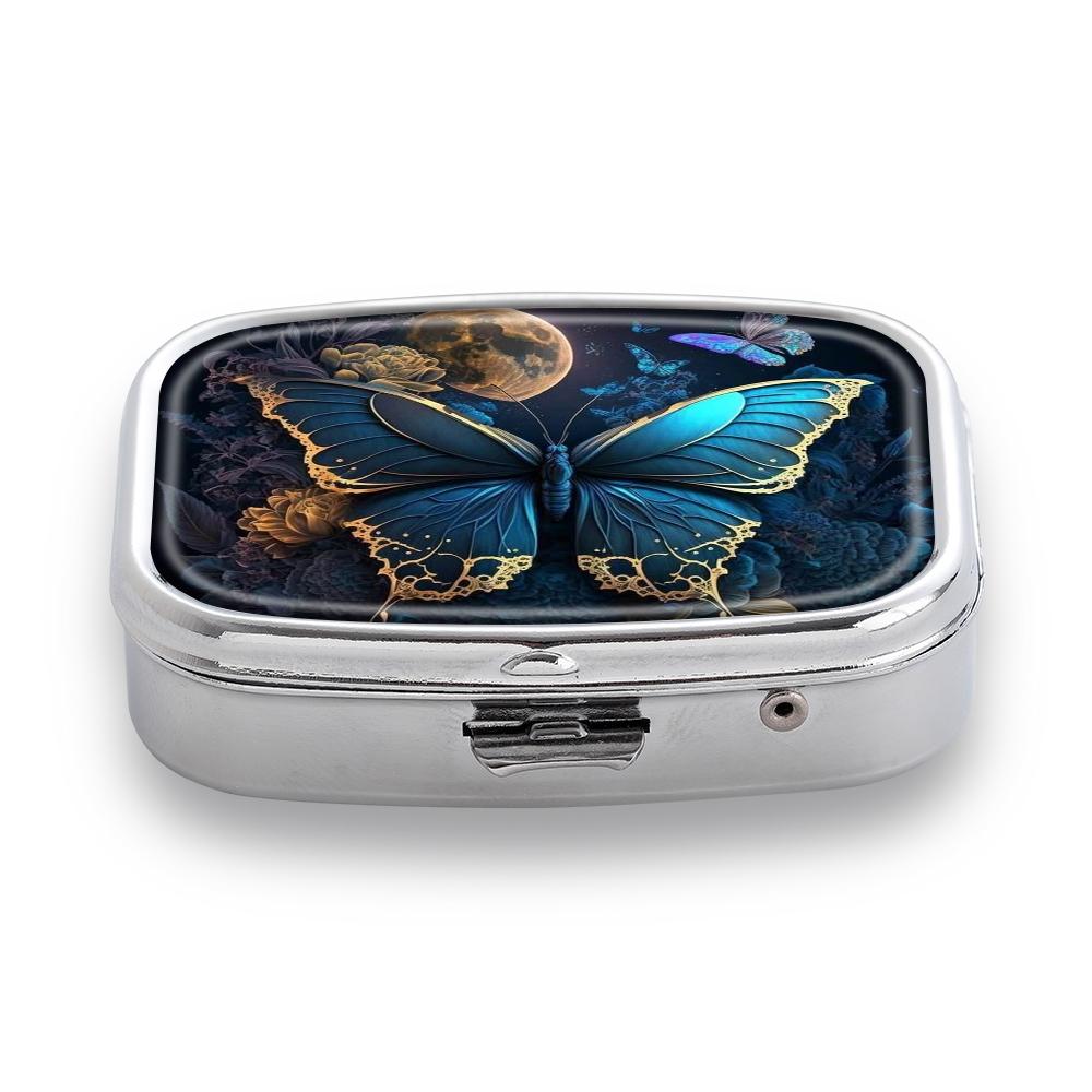 Portable Pill Box with 2 Compartments, Mini Metal Medicine Organizer Case, Cute Printed Pill Container for Vitamins, Pills, Jewelry, Travel, Daily Use