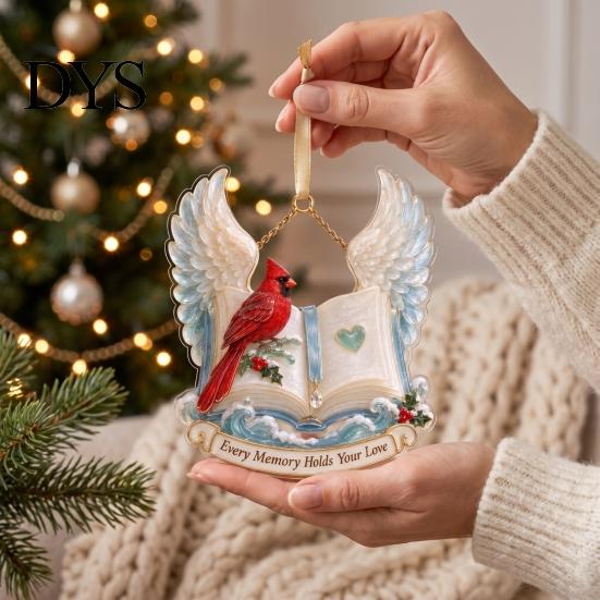 Christmas Tree Hanging Supplies Red Birds Ornament, 2D Acrylic Bird Decoration Memorial Keepsake Gift with Angel Wings, Holiday Pendant for Home Decor