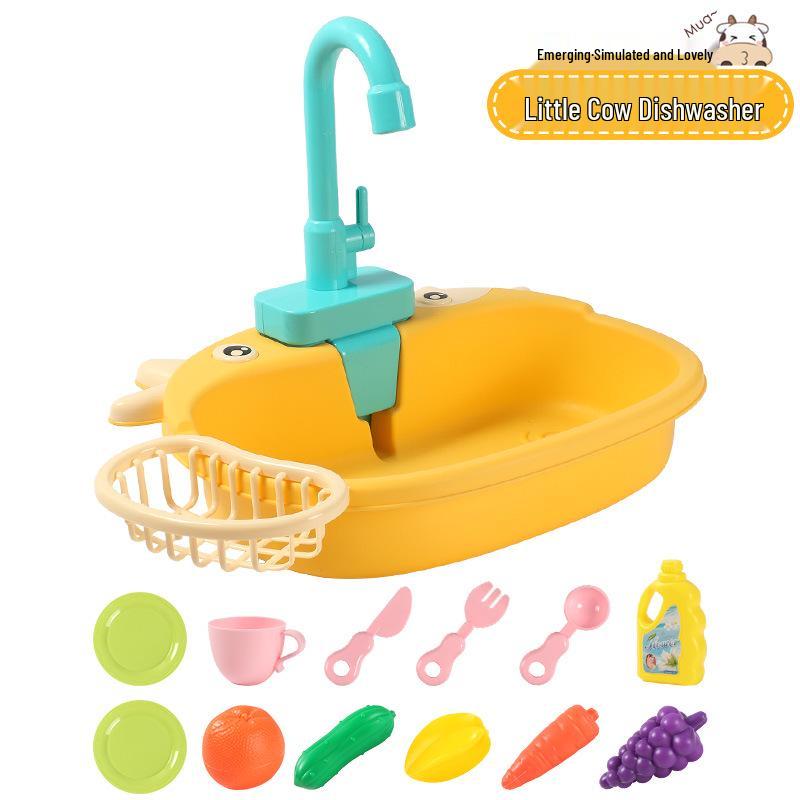 Cartoon Cow Electric Faucet Toy Kitchen Set with Sink, Stove, and Play Fruits & Vegetables