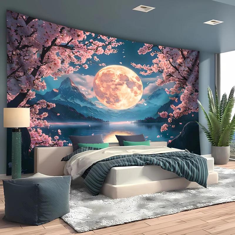 Natural Night Landscape Tapestry Fantasy Moonlight Scenery Wall Hanging Dreamy Art Living Room Bedroom Office Decor Cloth