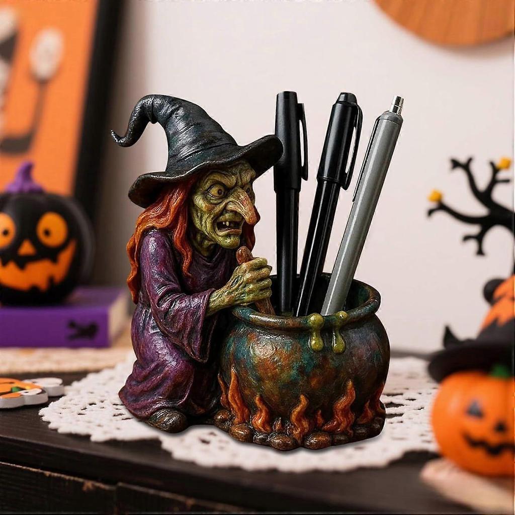 Magic Witch Pen Holder, Witch Cauldron Pen Holder for Horror Fans & Fantasy Lovers, Resin Cauldron Pen Organizer with Spooky Witch Design