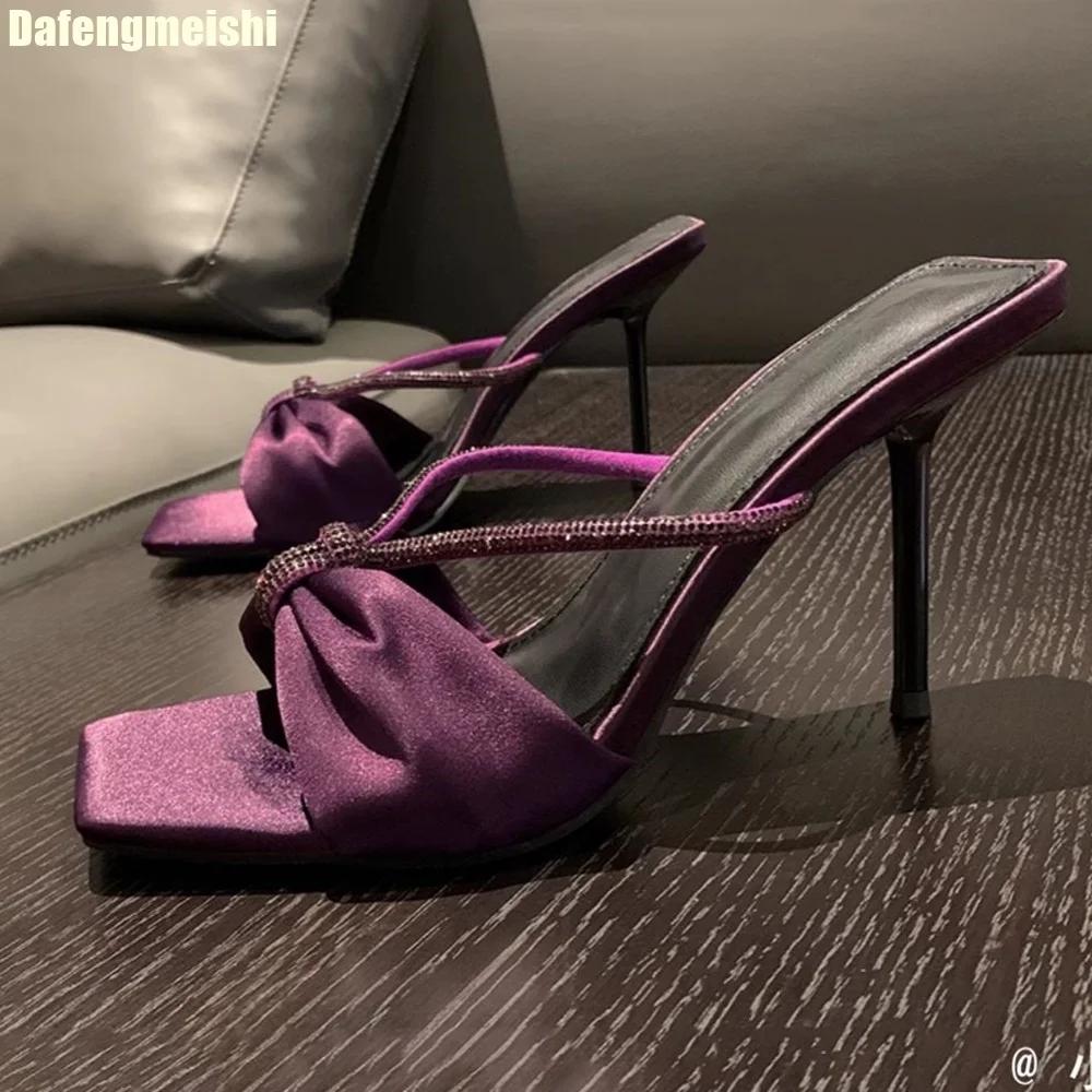 Fashion Purple Satin Rhinestone One-Strap Sandals for Women 2025 Summer New Bow Open-Toe Thin High-Heeled Slippers Casual Fashion Slides