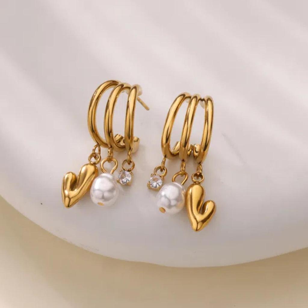 Stainless Steel Pearl Heart Earrings - Luxury Multi-layer Claw Studs for Women