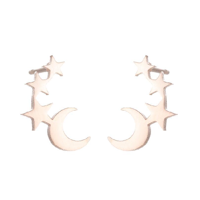 Stainless Steel Five-Pointed Star Moon Stud Earrings - Versatile Fashion Cartilage Jewelry