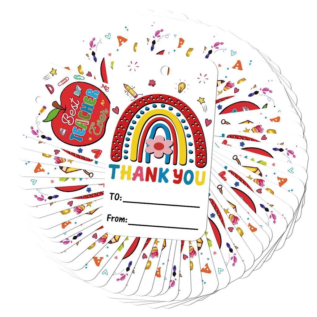 50Pcs Teacher Appreciation Tags with Rope, School Party Decor Gift Labels, Thank You Card Hanging Decorations