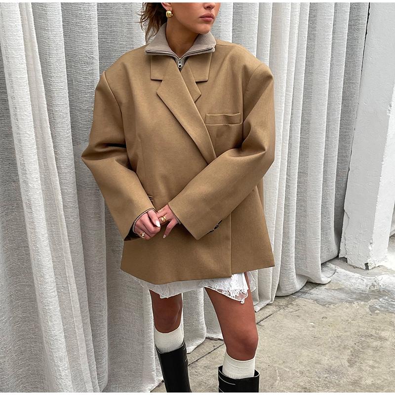 Casual Suit Blazer Coat Women Oversized Double Button Notched Side Slit Jacket Female Autumn Office Shoulder Pads Lady Tops