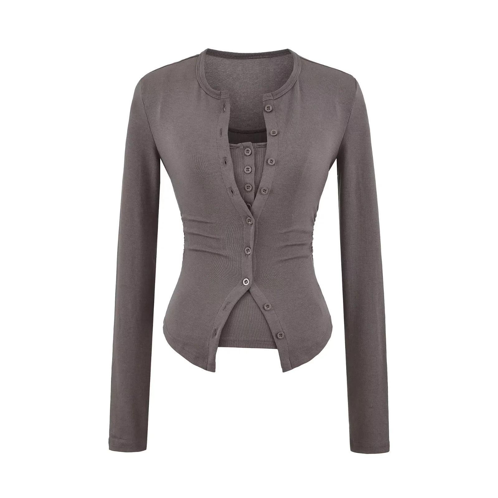 

Women s Pure Desire Sheer Round Neck Cardigan & Slimming Camisole Two-Piece Set Medium темно-сірий