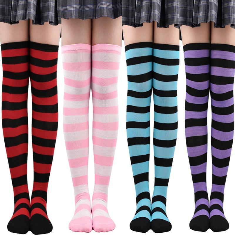 Dámské vysoké punčochy proužkovaný vzor elastické dlouhé nad kolena pro denní nošení nebo anime cosplay party kostým