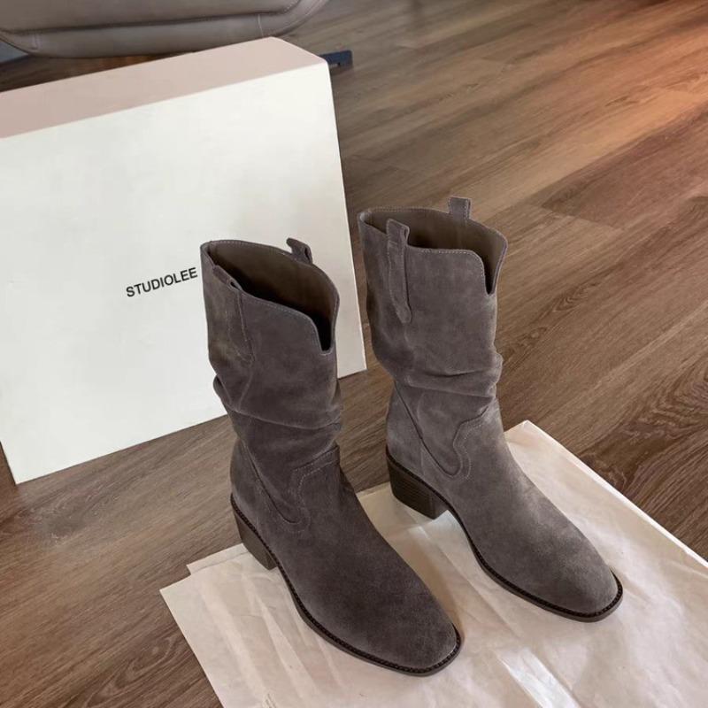 Retro Womens Boots Classic Western Cowboy Boots Fashion Pointe Mid-Calf Booties Quality Suede Casual Boots for Women Botas Mujer