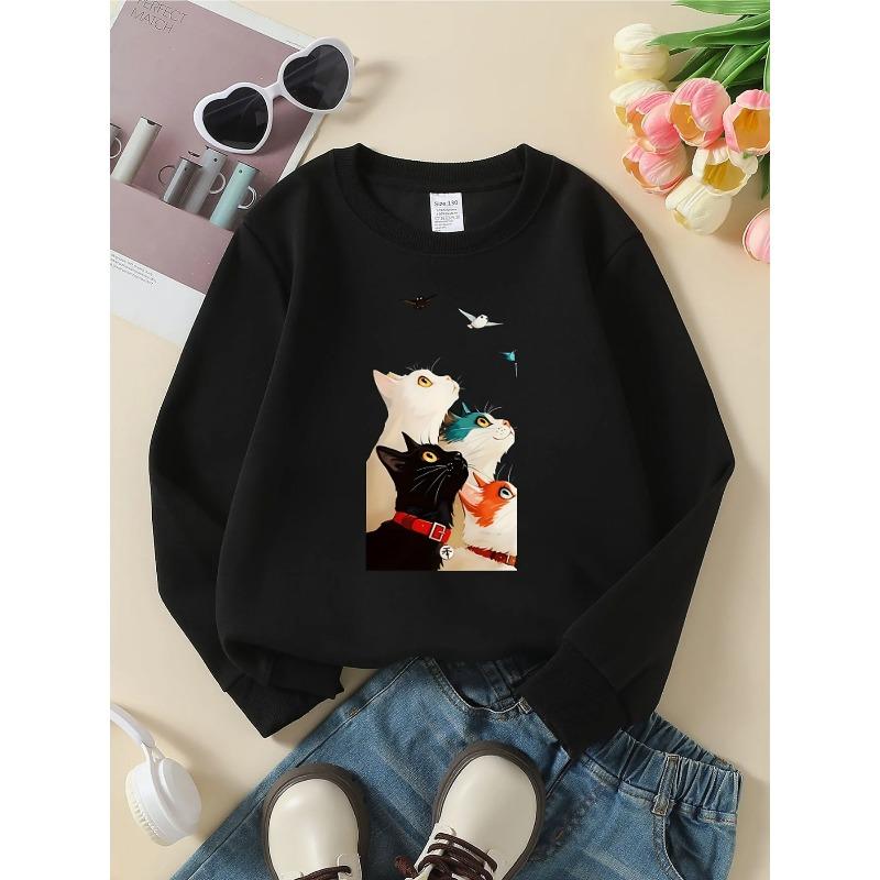 Kids Unisex Crewneck Sweatshirt, Four Colorful Cats Looking Up At Birds Cartoon Print Soft Fleece Pullover For Kids Over 4 Years Old