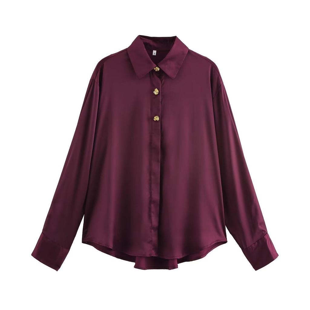 Women's Spring 2025 Silk Satin Long-Sleeve Shirt with Turn-Down Collar